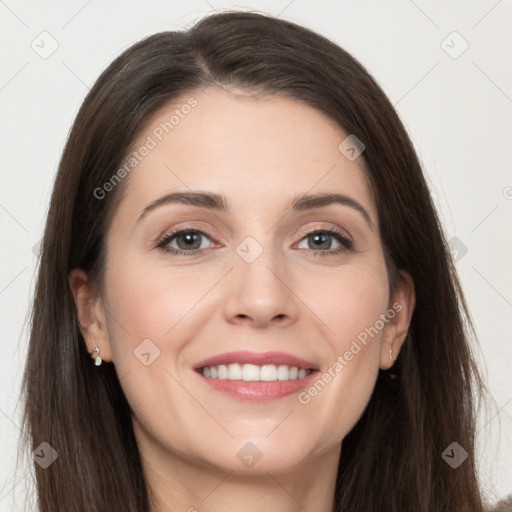 Joyful white young-adult female with long  brown hair and grey eyes