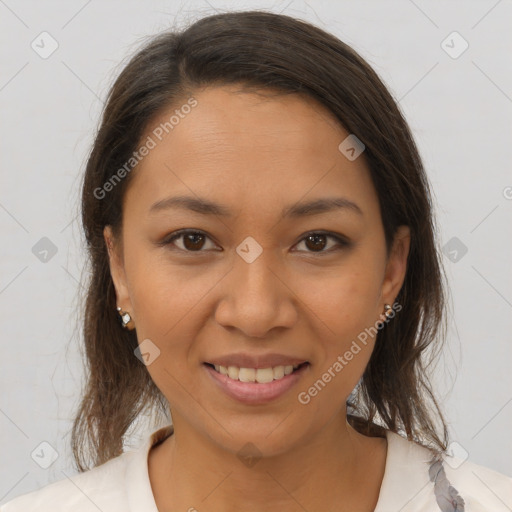 Joyful white young-adult female with medium  brown hair and brown eyes