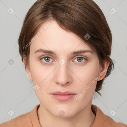 Neutral white young-adult female with medium  brown hair and grey eyes