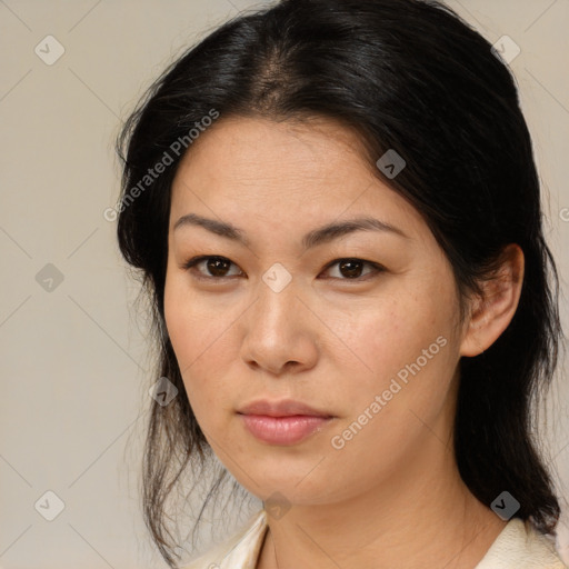 Neutral asian young-adult female with medium  brown hair and brown eyes