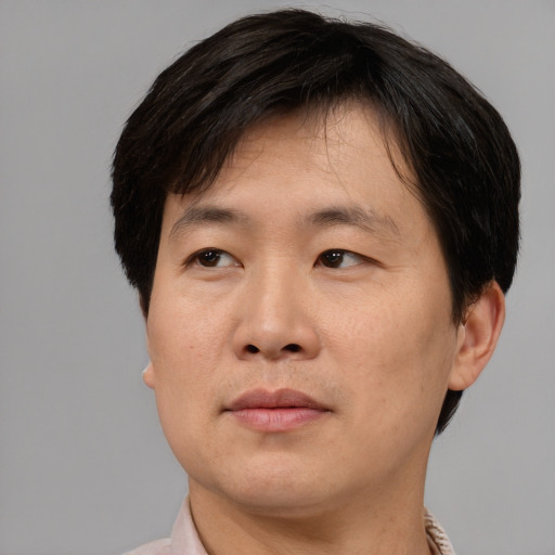 Neutral asian adult male with short  brown hair and brown eyes