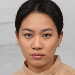 Neutral asian young-adult female with short  brown hair and brown eyes