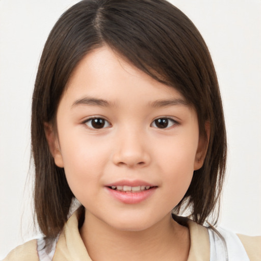 Joyful white child female with medium  brown hair and brown eyes