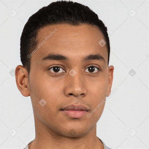 Neutral latino young-adult male with short  black hair and brown eyes