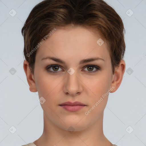 Neutral white young-adult female with short  brown hair and brown eyes