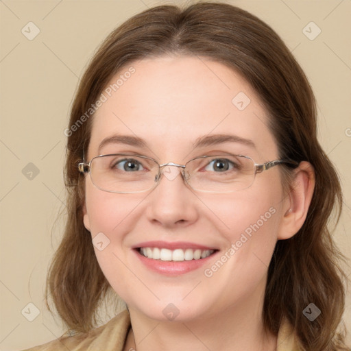 Joyful white young-adult female with medium  brown hair and green eyes