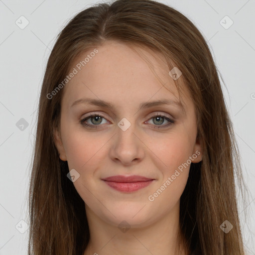 Joyful white young-adult female with long  brown hair and grey eyes