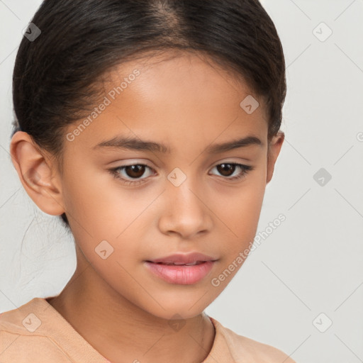 Joyful white child female with short  brown hair and brown eyes