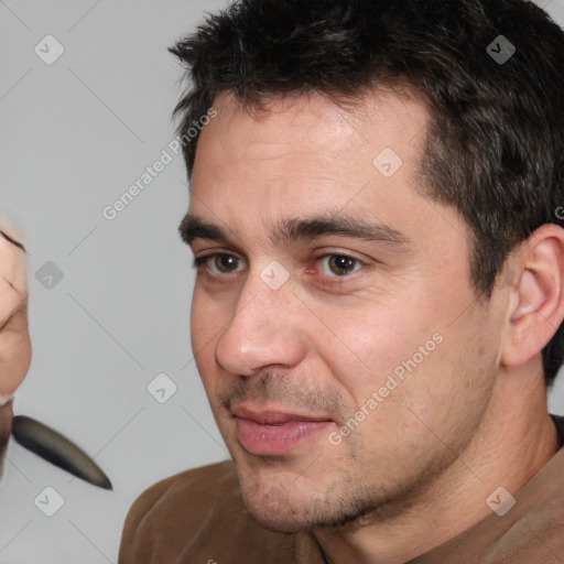 Neutral white young-adult male with short  brown hair and brown eyes