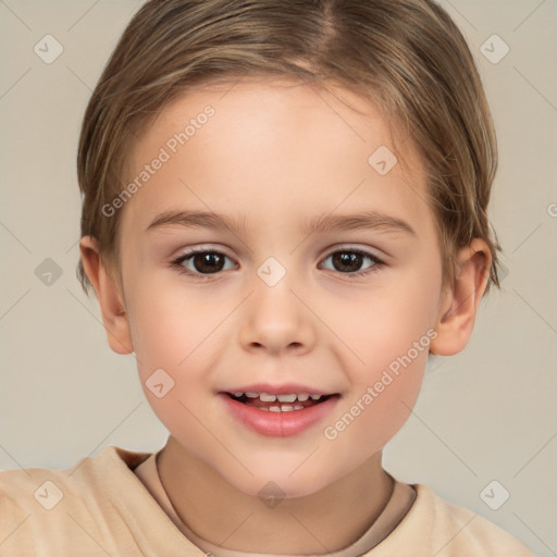 Joyful white child female with short  brown hair and brown eyes