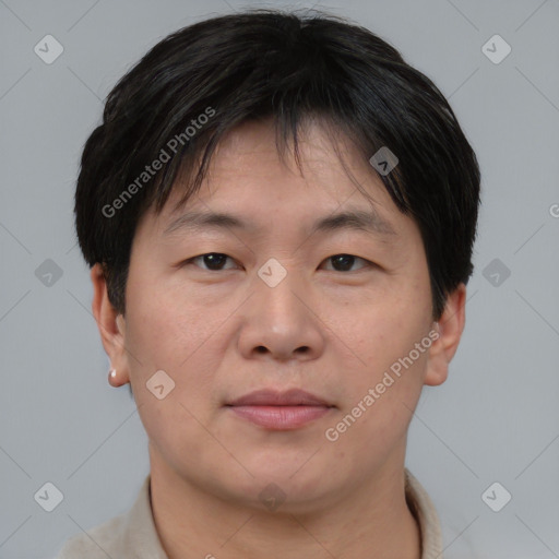 Joyful asian young-adult male with short  brown hair and brown eyes