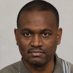 Neutral black young-adult male with short  black hair and brown eyes