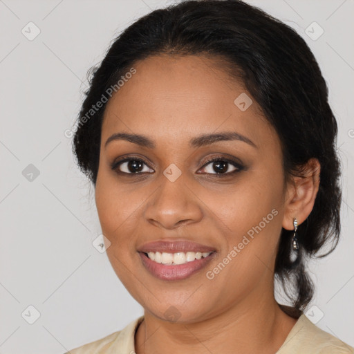 Joyful latino young-adult female with medium  brown hair and brown eyes