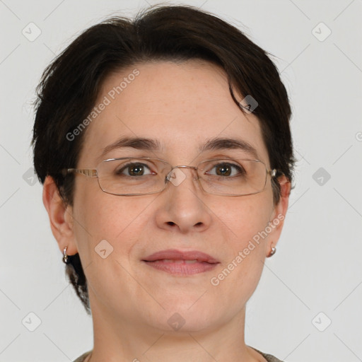 Joyful white adult female with short  brown hair and brown eyes