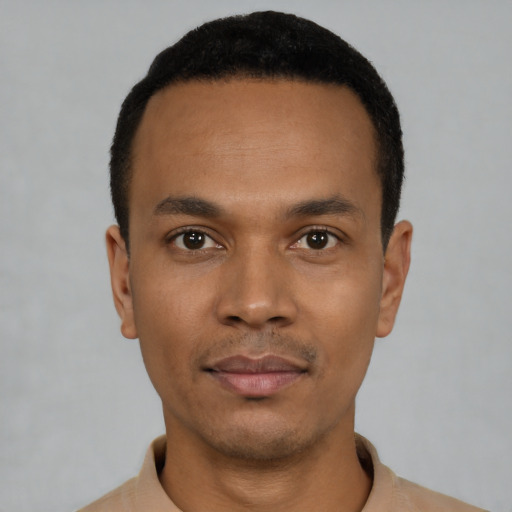 Neutral black young-adult male with short  black hair and brown eyes