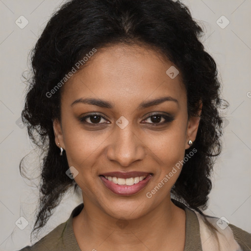 Joyful black young-adult female with medium  brown hair and brown eyes