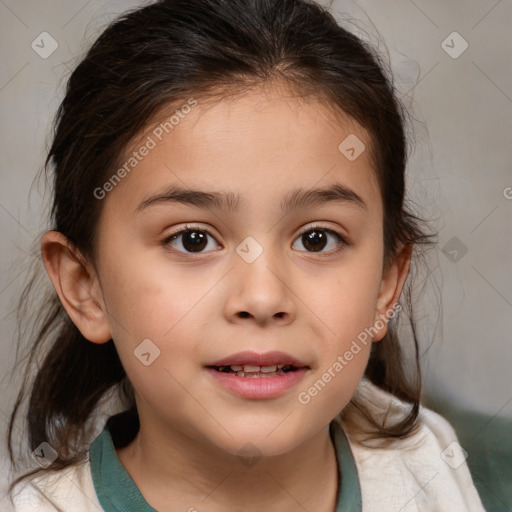 Joyful white child female with medium  brown hair and brown eyes