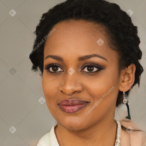 Joyful latino young-adult female with short  black hair and brown eyes