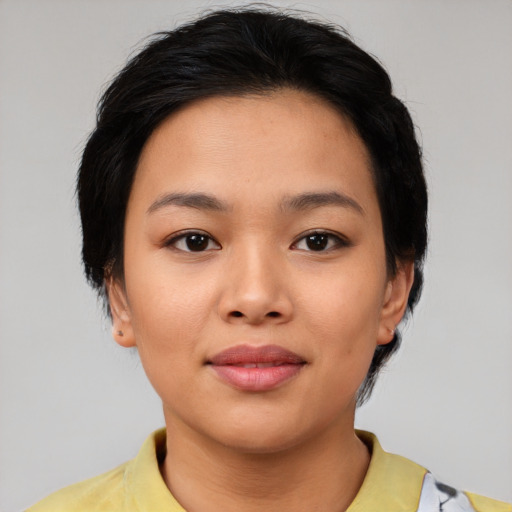 Neutral asian young-adult female with medium  black hair and brown eyes