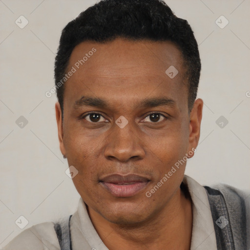 Joyful black young-adult male with short  black hair and brown eyes