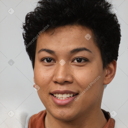 Joyful latino young-adult female with short  brown hair and brown eyes