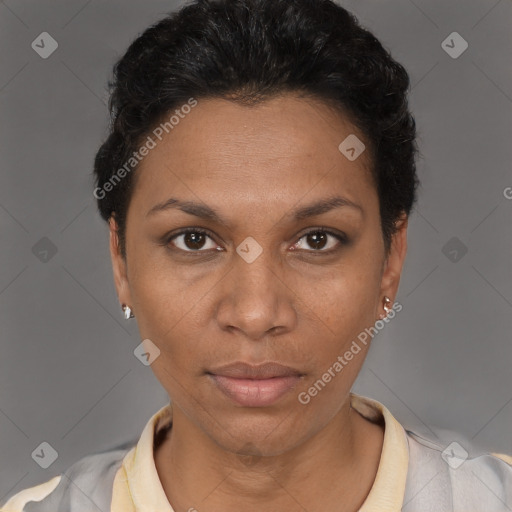 Neutral black young-adult female with short  brown hair and brown eyes