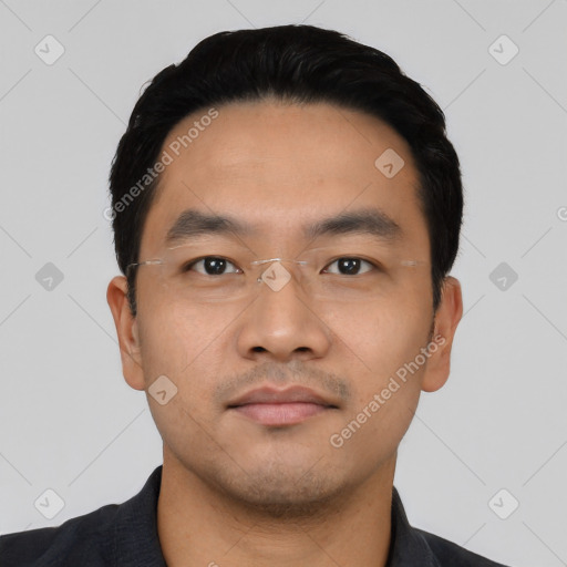 Neutral asian young-adult male with short  black hair and brown eyes