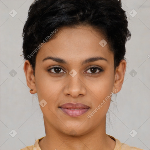 Joyful latino young-adult female with short  brown hair and brown eyes