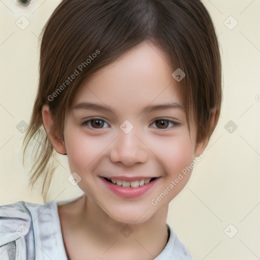 Joyful white child female with short  brown hair and brown eyes