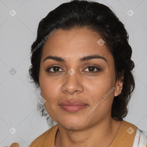 Joyful latino young-adult female with medium  black hair and brown eyes