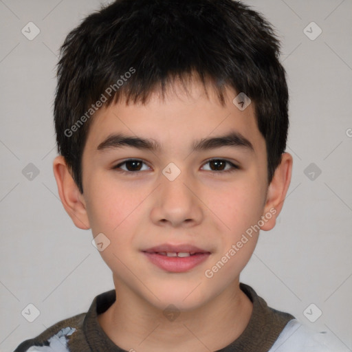 Joyful white child male with short  brown hair and brown eyes