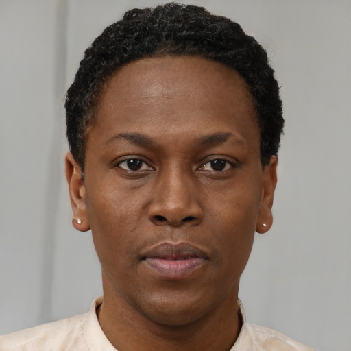 Neutral black young-adult female with short  black hair and brown eyes