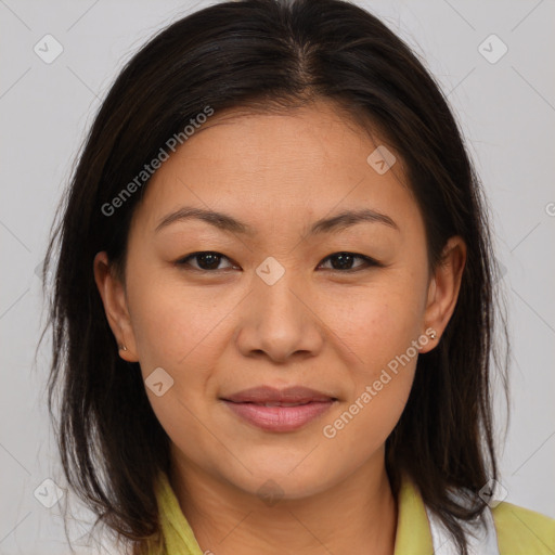 Joyful white young-adult female with medium  brown hair and brown eyes