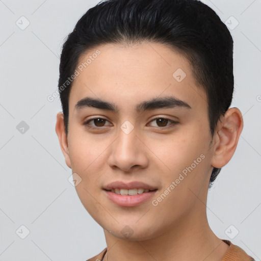 Joyful asian young-adult male with short  brown hair and brown eyes