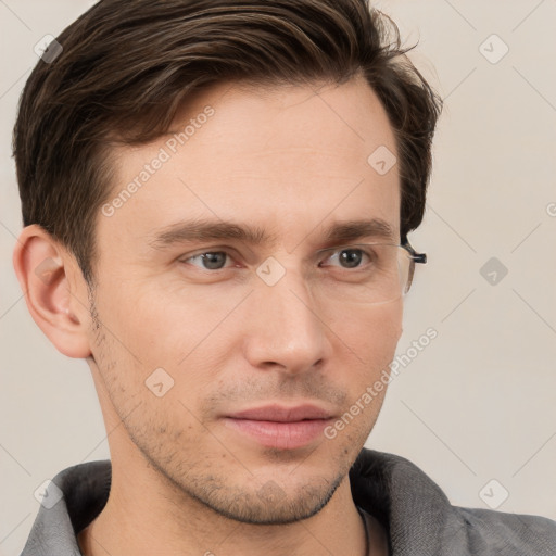 Neutral white young-adult male with short  brown hair and brown eyes