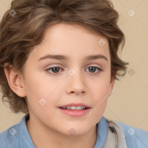 Joyful white child female with medium  brown hair and brown eyes