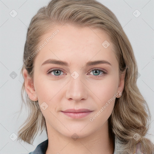 Joyful white young-adult female with medium  brown hair and blue eyes