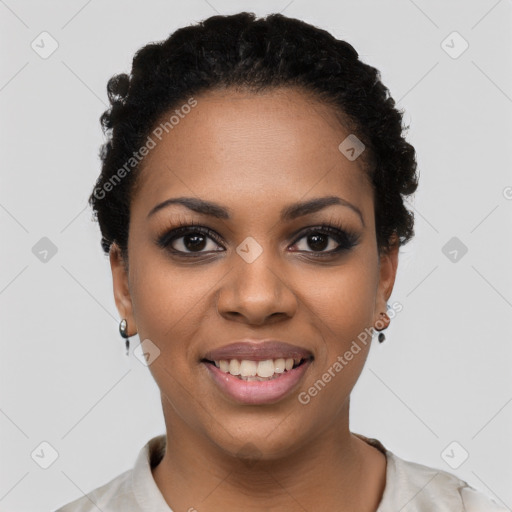 Joyful latino young-adult female with short  black hair and brown eyes