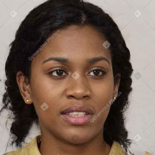 Joyful black young-adult female with medium  brown hair and brown eyes