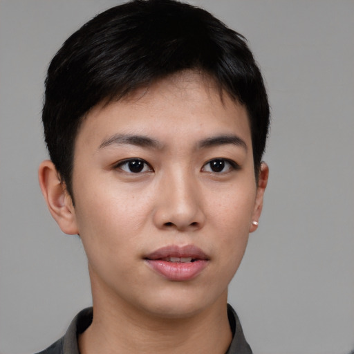 Neutral asian young-adult male with short  brown hair and brown eyes