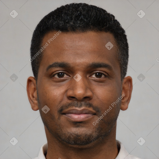 Neutral black young-adult male with short  black hair and brown eyes