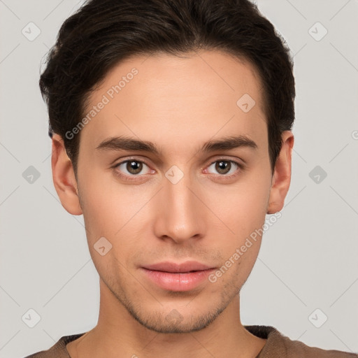 Neutral white young-adult male with short  brown hair and brown eyes