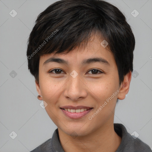 Joyful asian young-adult female with short  brown hair and brown eyes