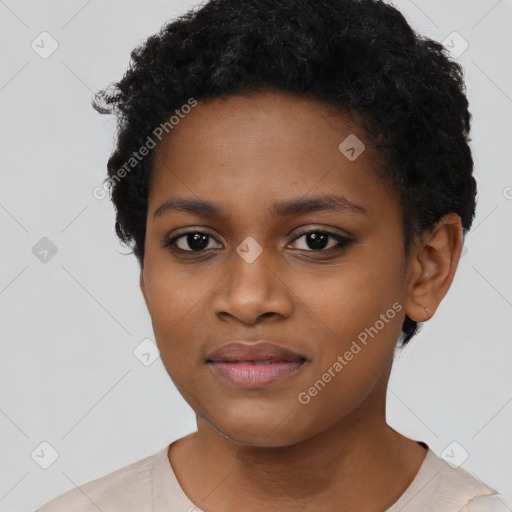 Neutral black young-adult female with short  black hair and brown eyes