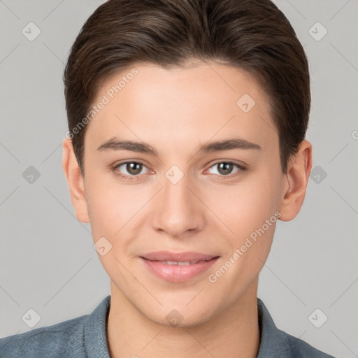 Joyful white young-adult female with short  brown hair and brown eyes