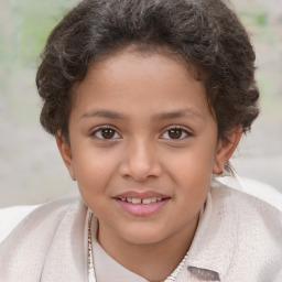 Joyful white child female with short  brown hair and brown eyes