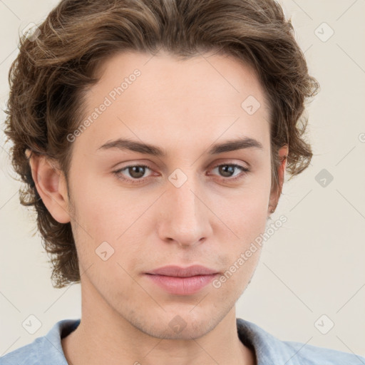 Neutral white young-adult male with short  brown hair and grey eyes