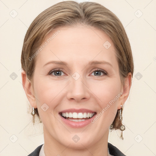 Joyful white young-adult female with medium  brown hair and grey eyes