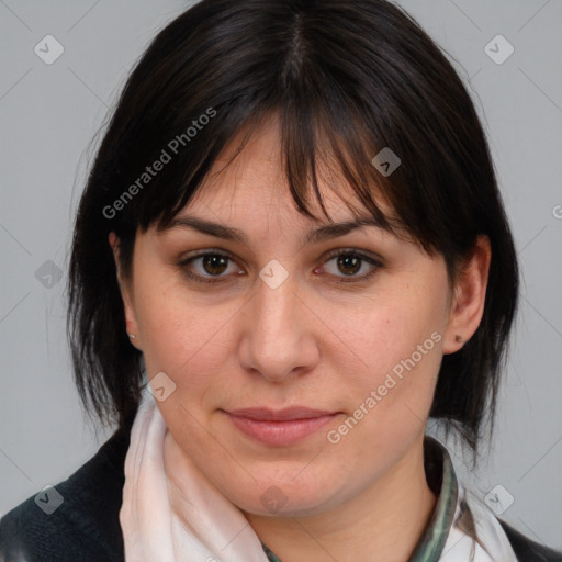 Joyful white young-adult female with medium  brown hair and brown eyes