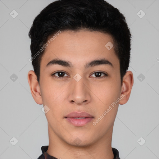 Neutral latino young-adult male with short  black hair and brown eyes